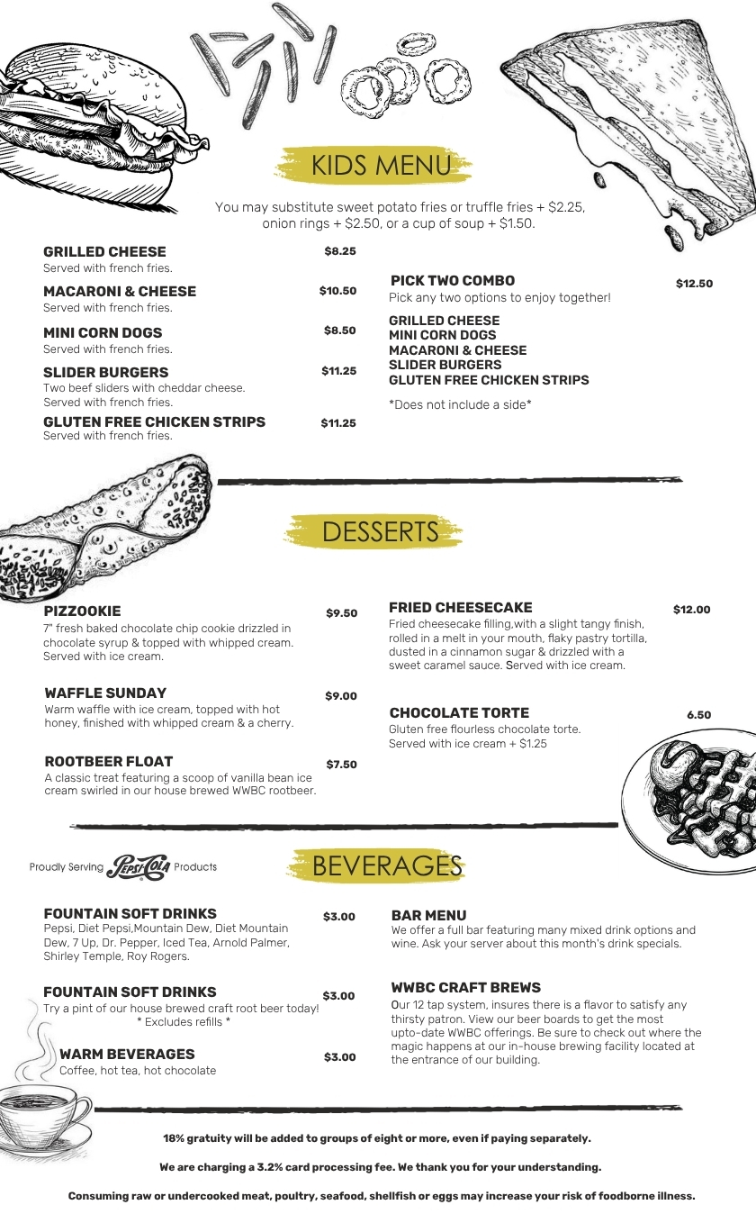 Kids Menu, Senior Menu, Desserts, Beverages